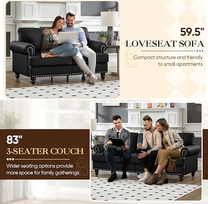 Couch and Loveseat Set Mid Century Chesterfield Faux Leather Vintage Retro Classic 3 Seater Loveseat Sofa Couch with Storage Nailhead Trim &amp Rolled Armrests for Living Room Bedroom Office Black