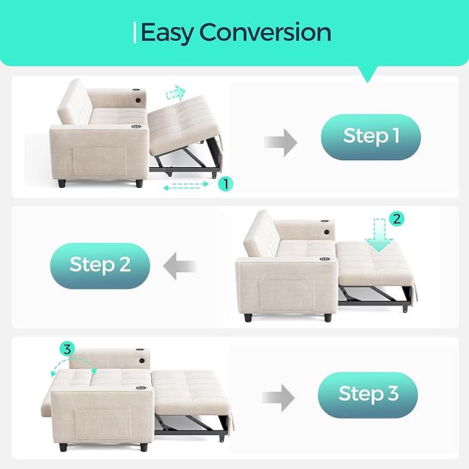 LINSY 3-in-1 Convertible Sofa Bed 54 Pull Out Sleeper Sofa with Charging Station &amp Cup Holder Small Folding Loveseat with Side Pocket for Small Space Corduroy Couch Beige