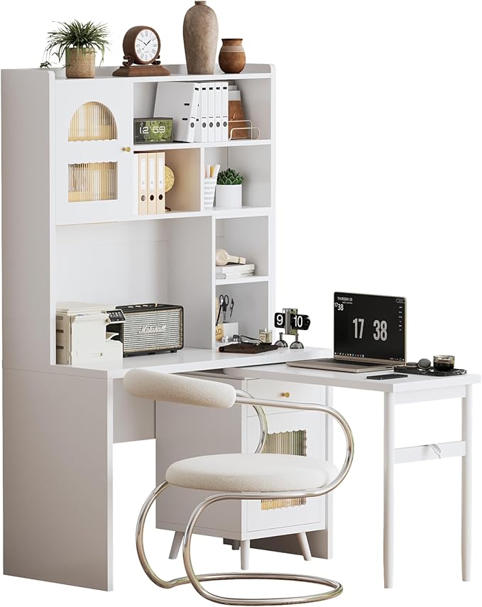 Computer Desk with 90 Degree Rotating Desktop and Bookshelf Office Desk with Drawer and Cabinets Gaming Desk with Shelves Writing Desk for Home Office Bedroom Living Room (White-5.9)