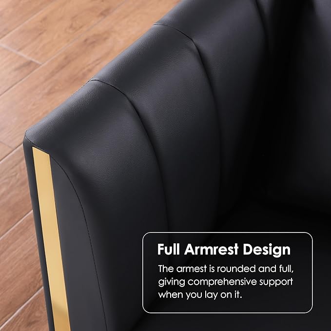 FOTOSOK Black Leather Couch Sofa Office Couches for Living Room 78'' Apartment Faux Leather Sofa with 2 Throw Pillows and Gold Metal Legs Waterproof 3 Seater Couches for Small Living Room