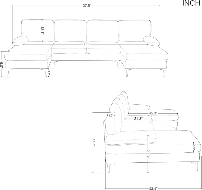107.9” U Shaped Sectional Sofa with Double Extra Wide Chaise Seat Cushions &amp Removable Back for Living Room Office Apartment