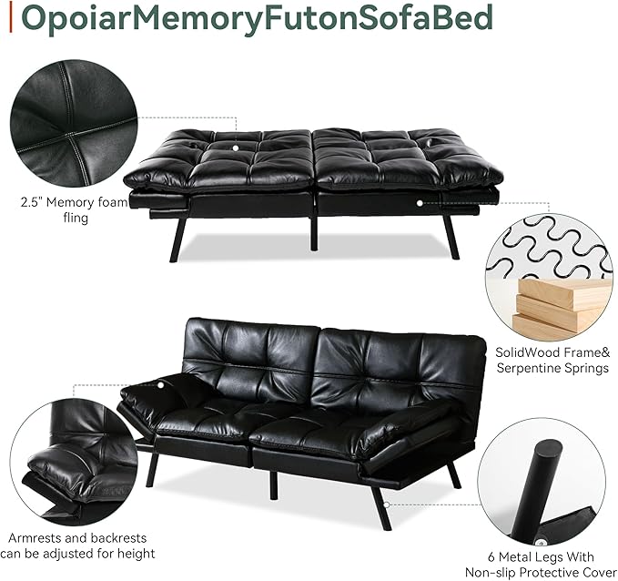 Opoiar 71 L Covertible Futon Sofa BedFaux Leather Futon Couch Memory Foam Modern Loveseat Sleeper Small Splitback Sofa Couches for Living RoomRVHome OfficeApartmentBlack