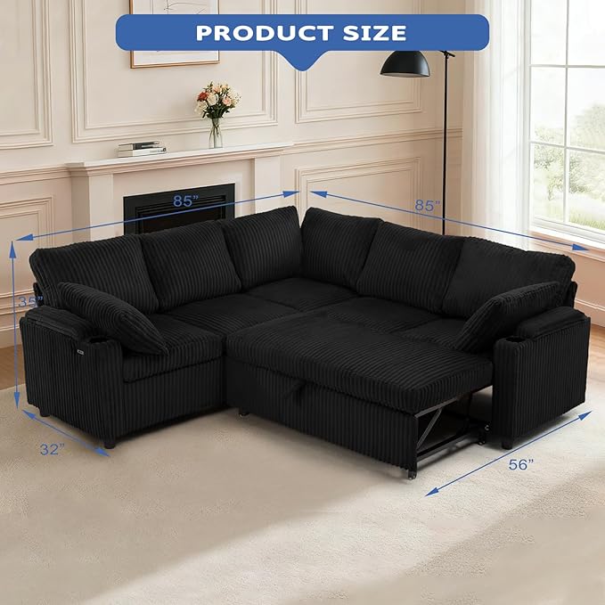 85 Corduroy Reversible Sectional Sofa w/Pull Out Bed Upholstery L Shaped Couch w/Storage Armrests &amp Cup Holders Modern Corner Sofa w/USB Charging Port &amp Throw Pillow for Living Room Black