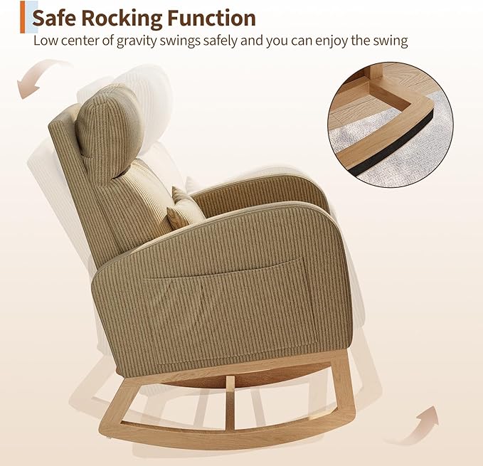 GarveeHome Corduroy Rocking Chair Modern Nursery Glider Chair with Side Pockets and Pillow Rocker Chair for Living Room Bedroom Nursing Room Brown