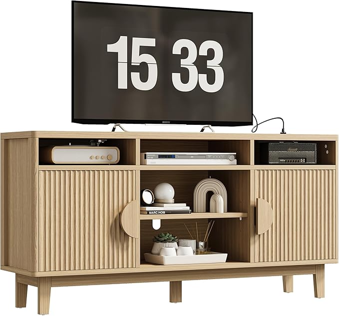 IRONCK TV Stand for 65 Inch TV 59 Inch Entertainment Center with Storage and Charging Station Modern Media Console with 3 Adjustable Shelf Fluted Doors Design Natural Oak
