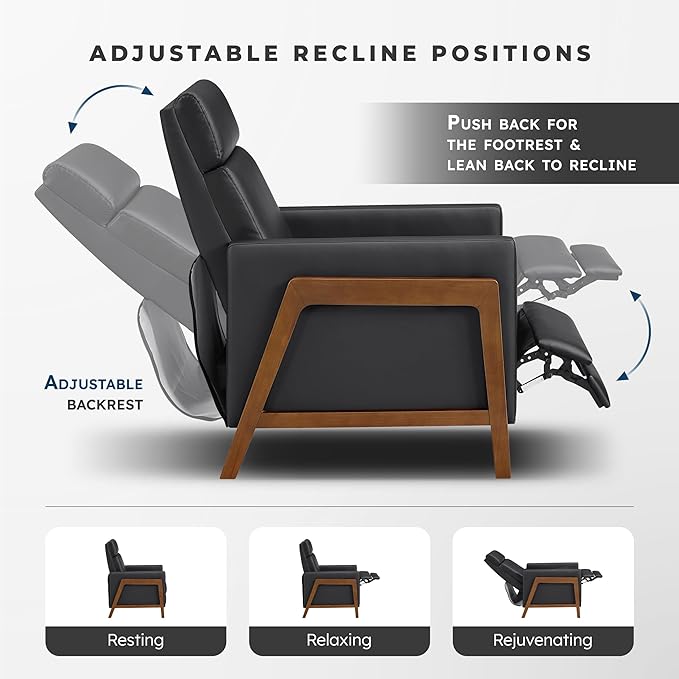 Lexicon Push Back Recliner Chair Faux Leather Upholstered Reclining Chair with Footrest Exposed Dark Brown Finish Wood Frame Small Recliner for Small Space Living Room Bedroom Black