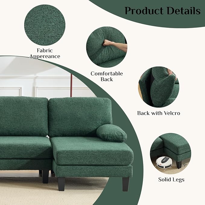 Karl home 110 U-Shape Sectional Couches for Living Room Chenille Upholstery 4 Seat Sofa Set with Double Chaises &amp Wood Grain Legs for Apartment Green
