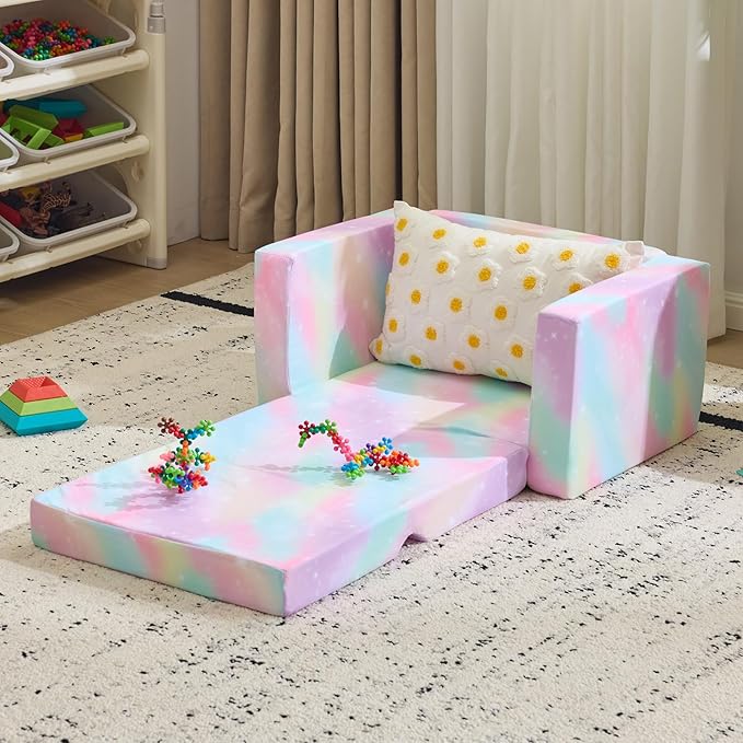 2 in 1 Fabric Foldable Sofa BedAll-Sponge Single Chaise Lounge SofasComfy Convertible Sofa to BedPortable Floor Chair Bedswith Armrestfor Living Room Bedroom Apartment (Print Slant Peach)