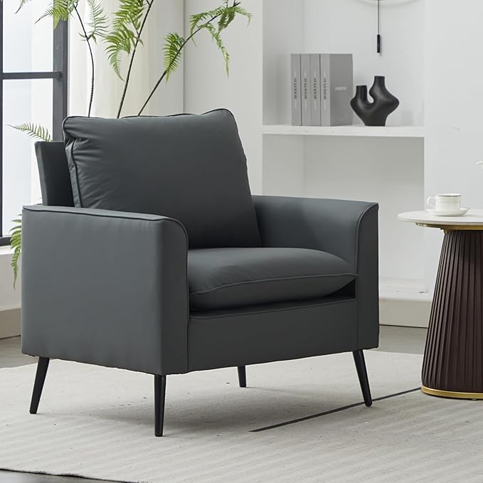 YITAI Modern Accent Living Room ChairsFaux Leather Oversized Single Sofa Chair with Metal Legs Mid Century Comfy Armchair for Bedroom/Office Reading/Lounge/Office/Reception2PCGray