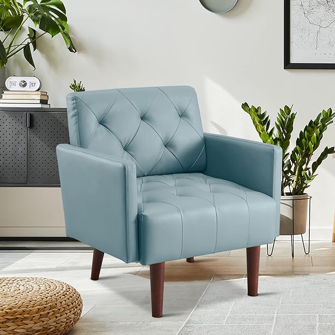 Faux Leather Accent Chair Modern PU Armchair Retro Tufted Upholstered Arm Chair Comfy Leather Club Chair Single Sofa for Living Room Bedroom Reading Room Apartment (Blue)