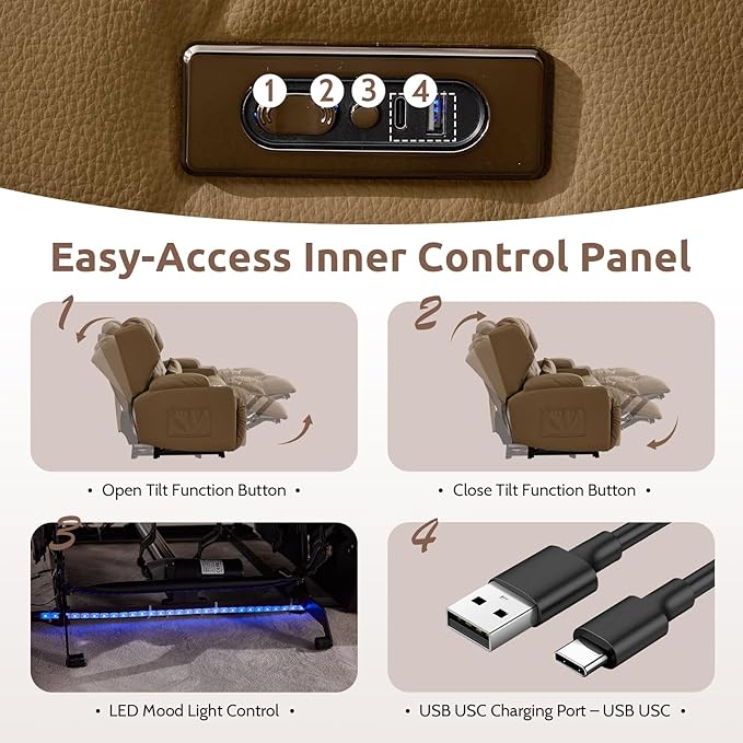 SAMERY Loveseat Recliner Sofa Power Reclining Loveseat Sofa Wall Hugger Recliners RV Couch with Flip-Backrest Solid Wood Top Ambient LED Lights USB-C Outlets Faux Leather Khaki | Extra Wide Se