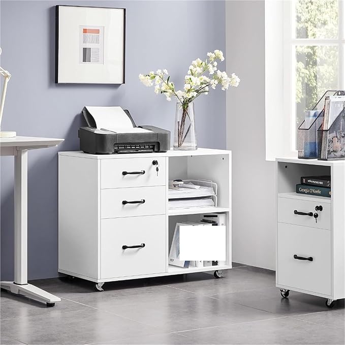 Mobile File Cabinet File Cabinet Mobile Letter Size Organization Unit Lateral Filing Printer Stand for Home and OfficeWhite(Black)
