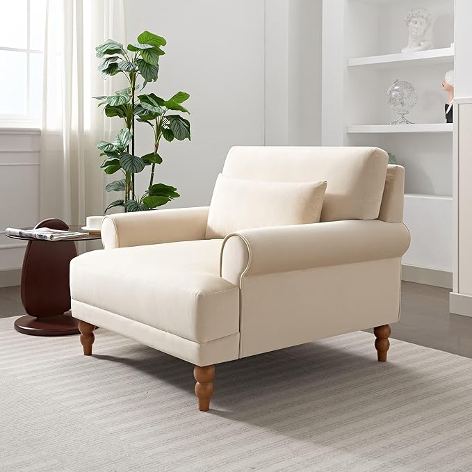 Beige Velvet Accent Arm Chair with Solid Wood Legs | Ergonomic Lumbar Support Cozy French Country Chic Large Lounge Chair for Living Room Bedroom Study
