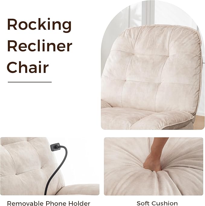 Swivel Rocker Recliner Chair for Adult Glider Nursery Rocking Chair Armless Single Recliner Sofa for Living Room Oversized &amp Overstuffed Phone Holder Included Beige