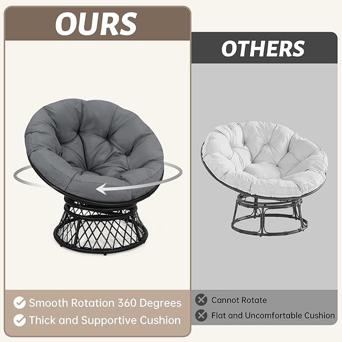 40 Ergonomic Wicker Papasan Chair 360° Swivel Indoor Outdoor Rattan Chair with Soft Thick Cushion Ideal for Living Room Bedroom Reading Room Black Frame with Dark Grey Cushion
