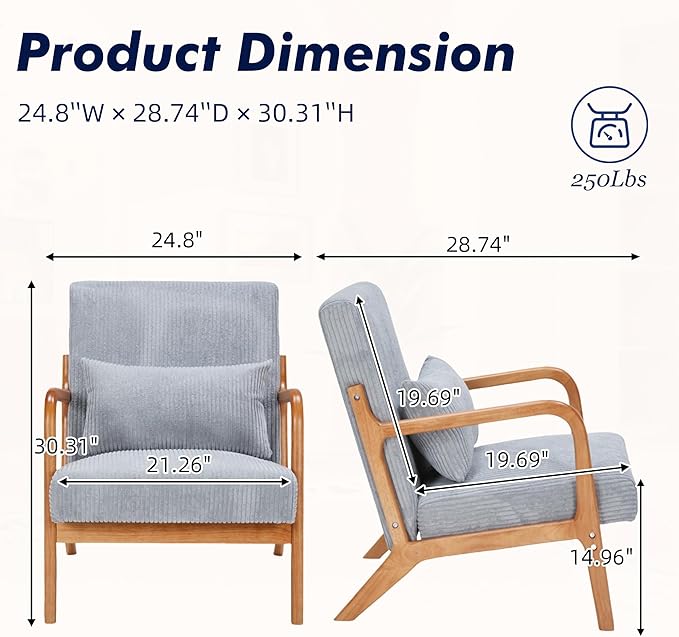 Corduroy Accent Chair Set of 2 Mid Century Modern Armchair with Soft Cushion Wingback Lounge Chair with Solid Wood Frame for Bedroom Living Room Reading Room (Light Grey)