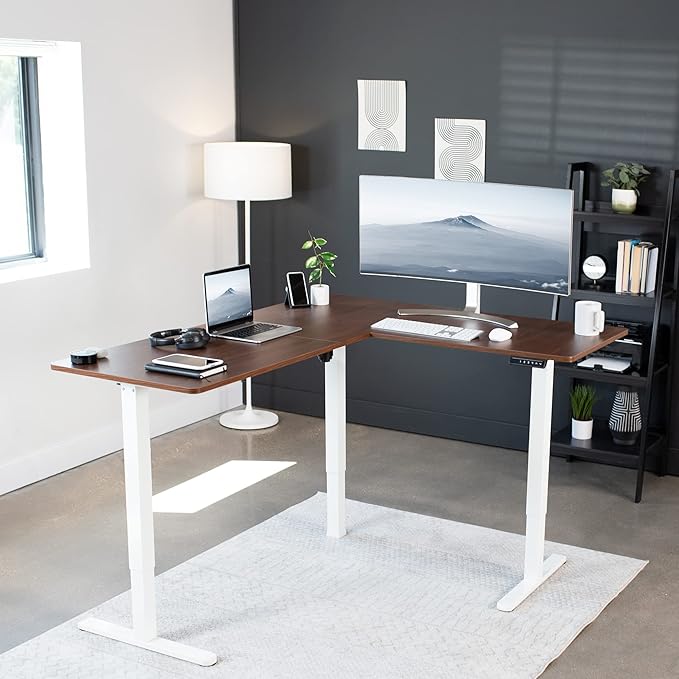 VIVO Corner Standing Desk 63 x 55 inch Reversible L-Shaped Workstation Electric Height Adjustment Home Office and Reception Rooms Dark Walnut Table Top White Frame DESK-E3CTWD