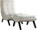 Pemberly Row Faux Leather Lounge Chair and Ottoman Set White PU Upholstery Solid Wood Legs Grid-Tufted Cushions Mid-Century Modern Style for Living Room or Home Seating