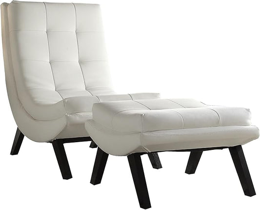 Pemberly Row Faux Leather Lounge Chair and Ottoman Set White PU Upholstery Solid Wood Legs Grid-Tufted Cushions Mid-Century Modern Style for Living Room or Home Seating