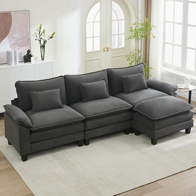 URRED Cloud Couch Modular Sectional Sofa 122'' Modern L Shaped Deep Seat Sofa with Ottoman &amp Pillows Ultra Comfy Velvet Couches for Living Room Bedroom or Apartment Dark Gray