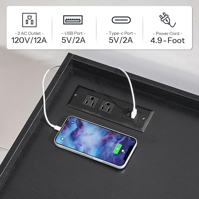 HOOBRO Lateral File Cabinet Wooden Office Storage Drawers with Charging Station Filing Cabinet for Home Office A4/Letter/Legal-Sized Files Printer Stand with Open Storage Spaces Black BB37UWJ01