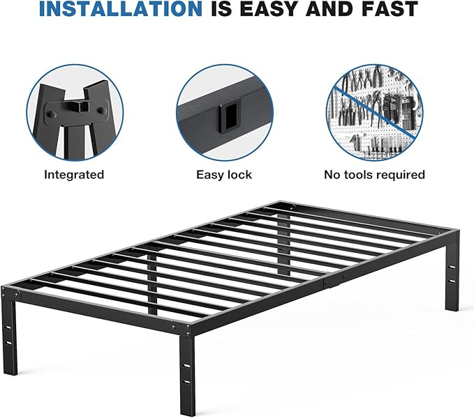 OLIXIS Metal Twin Bed Frame - 14in High with Storage Space No Box Spring Needed with Sturdy Steel Slat Support 800LBS Heavy Duty for Easy Assembly Black for Bedroom