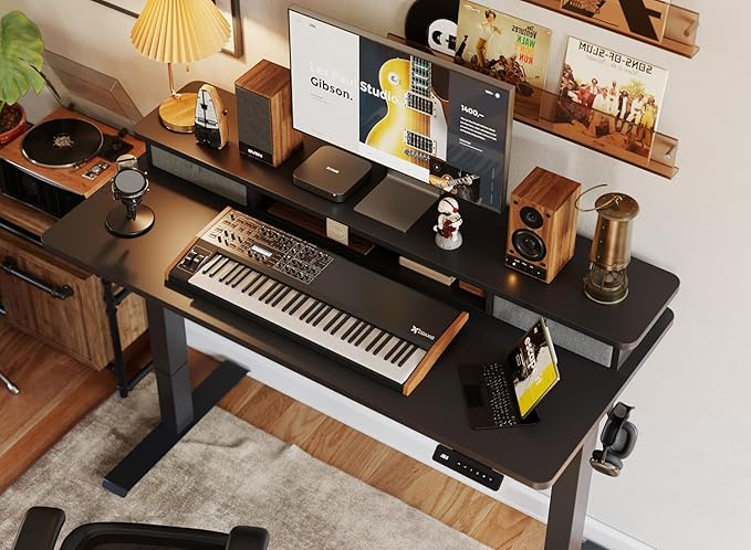 BANTI 48x24 Inch Electric Standing Desk with Dual Drawers Height Adjustable Stand Up Table Sit Stand Home Office Desk with Storage Shelf Black Frame/Black Top