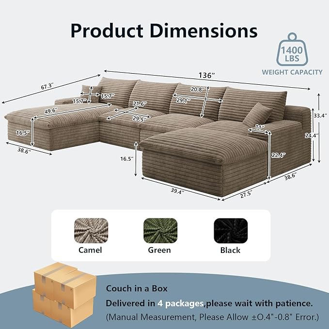 136 Cloud Sectional Couch with U-Shaped ChaiseCorduroy Viral Boneless Sofa with OttomanMemory Foam Couches in a Box with Deep Seat for Living RoomNo Assembly Required (CamelLeft-Facing Chaise)