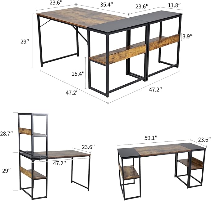 UNICOO® 3 Combination L Shaped Corner Desk with Shelves Computer Desk with Drawers Home Office Writing Study Bookshelf Desk Combo Multi-Function 4 Tier Reversible Storage Bookshelf (XJH-2402)