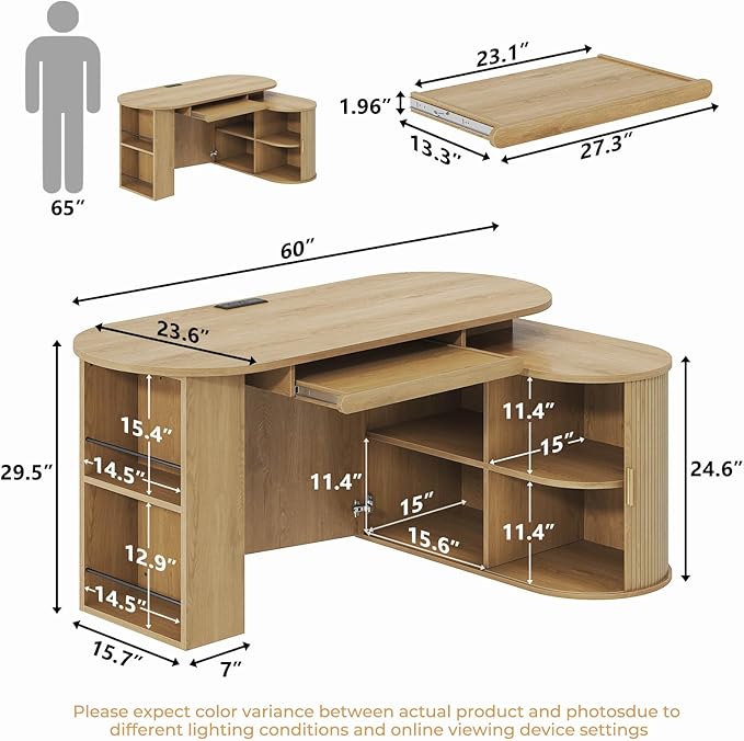HSH Office L Shaped Computer Desk Large Reversible L Desks with Storage Cabinet and Keyboard Tray Home Office Corner Executive Desk with Power Outlet for Study Workstation Oak 60 Inch