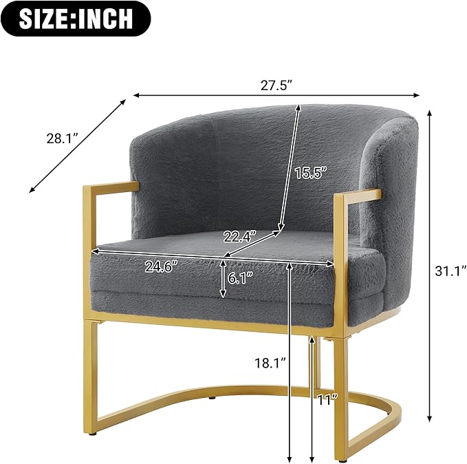 Modern Accent Chair with Gold Metal Frame Cozy Armchair Upholstered Reading Chair with Ergonomic Curved Backrest for Living Room Office (Grey-36)
