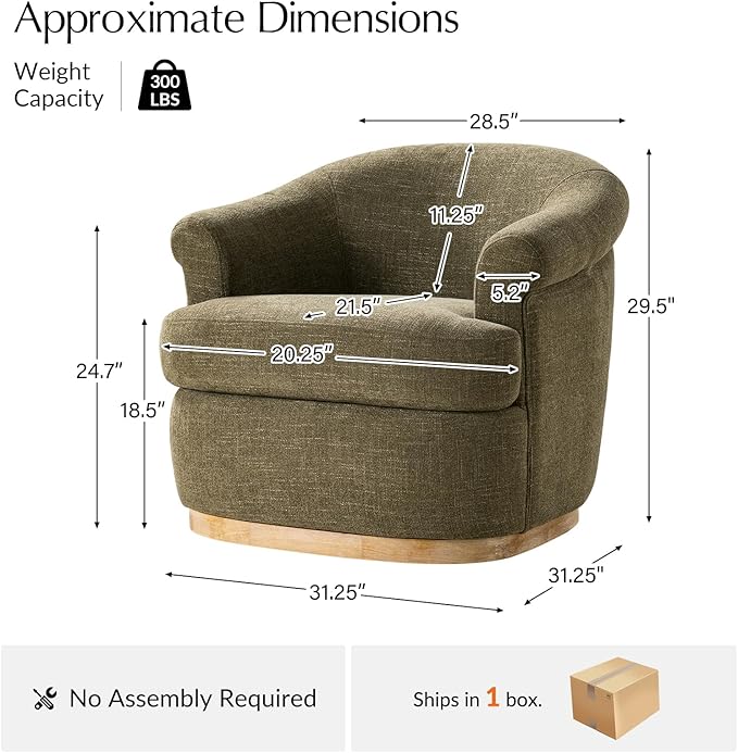HULALA HOME Swivel Barrel Chair with Rolled Arms Upholstered Fabric Swivel Round Armchair with Removable Cushion Solid Wood Base for Living Room Bedroom Moss