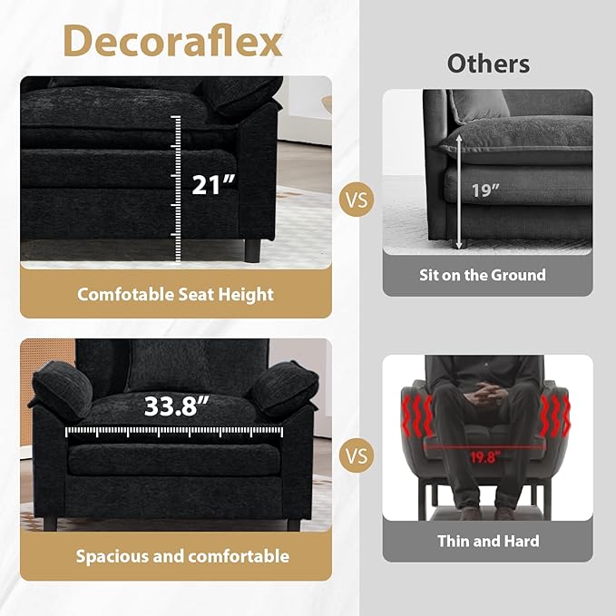 Chenille Modular Sectional Sofa 146.5'' Comfy Cloud Sofa Couch with Remove Ottoman Large L-Shaped Sofa for Living Room Extra Deep Seat Sofa with Pillows DIY Black