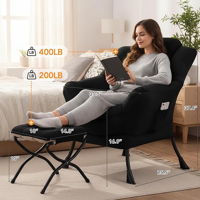 Lazy Chair with Ottoman Large Accent Chair with Ottoman and a Throw Pillow Black Reading Chair for Living Room Bedroom Dorm Room Office Apartment Relaxing Use