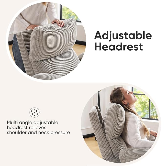 Swivel Rocker Recliner with Adjustable Armrests Rocking Nursery Chair with Adjustable Headrest Cup Holder Manual Recliner Nursing Chair for Breastfeeding Corduroy Grey
