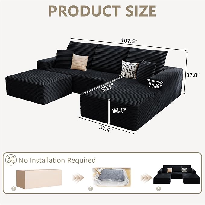 107 Cloud Sectional Couch with U-Shaped Chaise Corduroy Sectional Sofa with Ottoman Boneless Couch with Deep Seat in a Box for Living Room No Assembly Required (Black Right Facing Chaise)