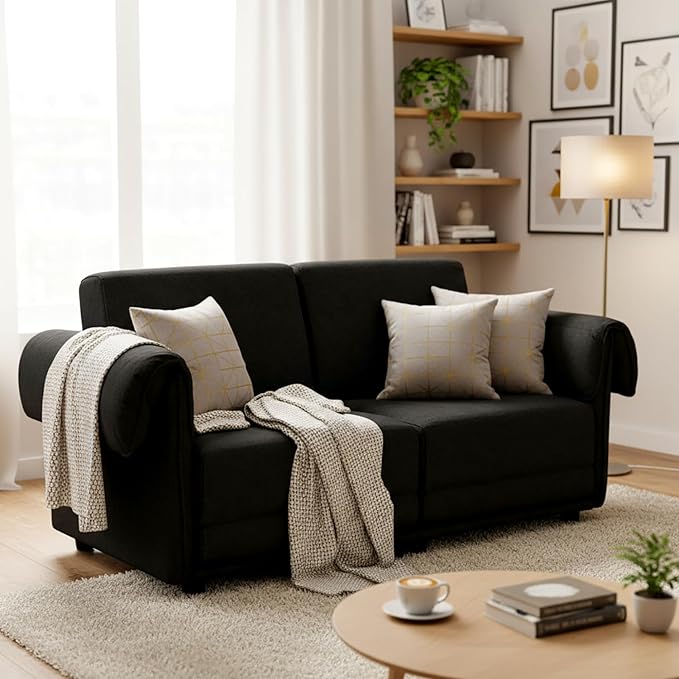 Convertible Sleeper Sofa Bed Pull Out Couch with High-Density Foam Modern Upholstered Loveseat Futon 2-in-1 Full Size Bed for Living Room Apartment Small Space (Black) | Foldable Convertible Bed