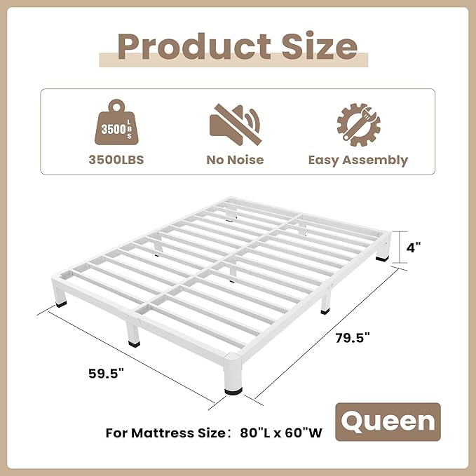 ROIL 4 Inch White Queen Bed Frame with Rounded Corner and Mattress Retainers 3500LBS Heavy Duty Steel Slats No Box Spring Needed Platform Noise-Free Easy Assembly