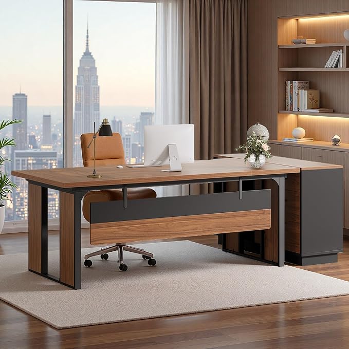 Tribesigns 63 Executive Desk Modern Office Desk with Privacy Panel &amp Metal Frame Large Computer Desk for Home Office Writing Study Workstation Business Furniture (Brown &amp Black Only Table