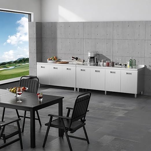 ZZV 55 x 21 Stainless Steel Table Cabinet for Prep &amp Work Heavy Duty Prep Table with 3 Pull-Out Doors Commercial Workbench with Cabinet for Kitchen Restaurant Hotel Garage and Warehouse