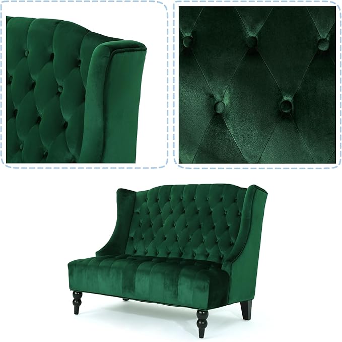 Modern Tufted Velvet Wingback Loveseat Tufted Velvet 2 Seat Couch Sofas with High Back Thick Padded Cushioned Seats for Living Room Victorian Style Emerald