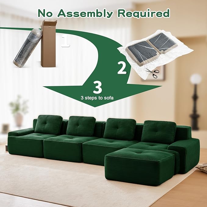 153 Modern Corduroy Cloud Sofa with Ottoman L Shaped Boneless Modular Large Sectional Couches for Living Room Green 4 Seater Compressed Memory Foam Couch Extra Deep Seat No Assembly