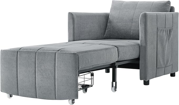 Pull Out Sofa Bed for Living Room 31.5 Upholstered Convertible Sleeper Sofa 3-in-1 Convertible Sleeper Chair with 5-Position Adjustable Backrest Side Pockets and a Storage Basket (Grey/352)