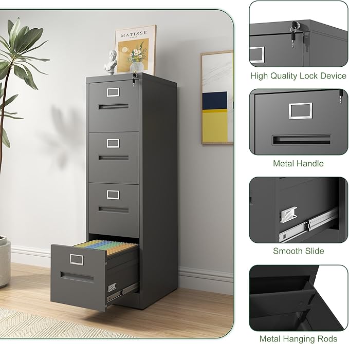 4 Drawer File Cabinet with Lock Metal Vertical File Cabinet Office Home A4 Legal/Letter Size Narrow File Cabinet LockedAssembly RequiredBlack