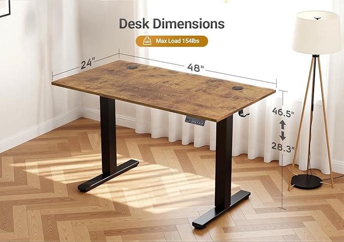 Seang Electric Height Adjustable Standing Desk 48 x 24 Inch Sit-Stand Desk with Stable T-Shaped Frame 3 Memory Buttons &amp Cable Organization for Home Office Workstation Black Frame/Rustic Brown