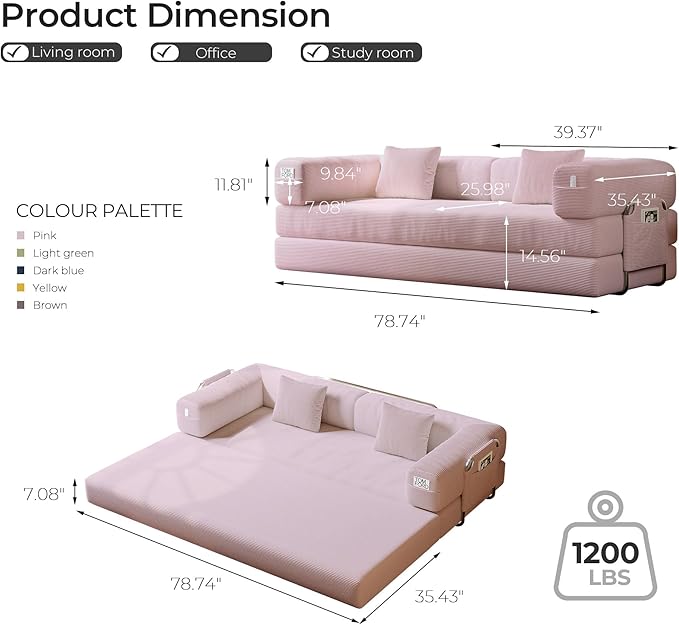 5-in-1 Folding Convertible Sofa Bed Loveseat Sleeper with Pull-Out Bed Floor Sofa Modular Futon Couch 79 Oversized Corduroy Upholstered Boneless Couch for Living Room Bedroom Lounge Pink-A