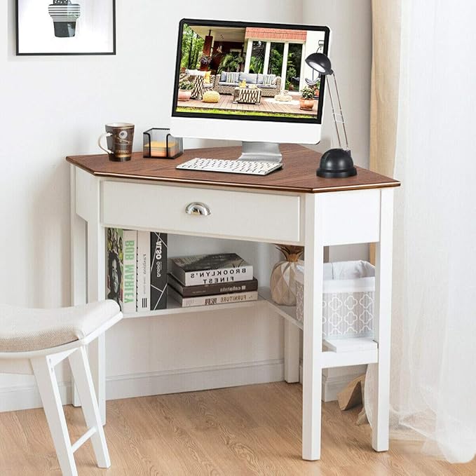 Corner Desk Compact Home Office Corner Desk Organizer90 Degrees Triangle Computer Laptop Writing Table for Small Spaces with Storage Shelf and Drawer (Natural)