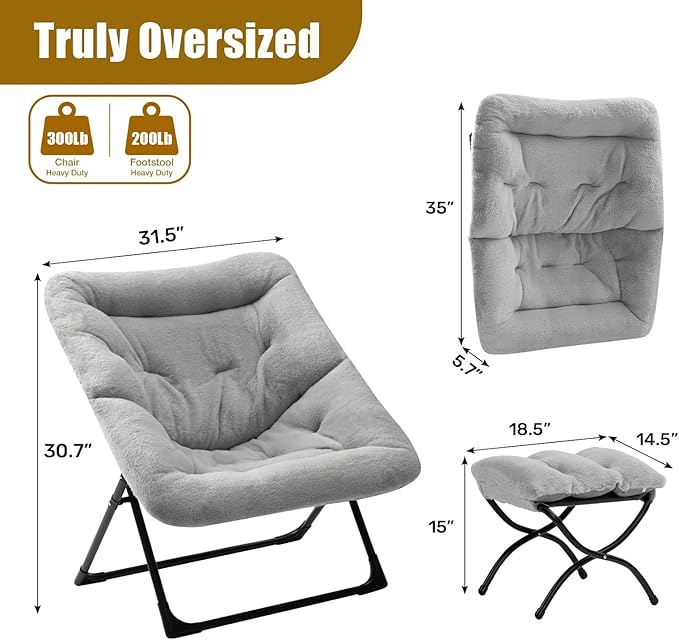 HollyHOME X-Large Saucer Chair with Foldable Ottoman Comfy Oversized Folding Chair and Folding Footrest Stool Set Faux-Fur Reading Chair and Footstool for Living Room Bedroom Grey Chair&ampStool
