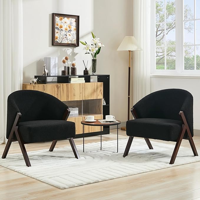Mid Century Modern Accent Chair Comfy Upholstered Teddy Velvet Armchair with Wood Frame for Living Room or Bedroom Black