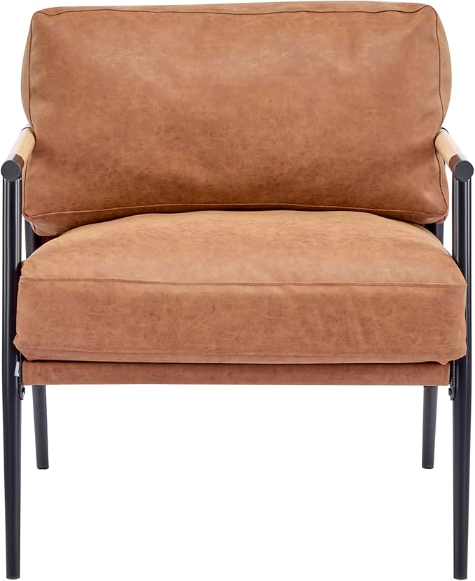 Modern Minimalist Accent Chair Soft Polyester Fabric with Metal Frame and Wood Armrests Living Room Bedroom Office Seating (Brown)